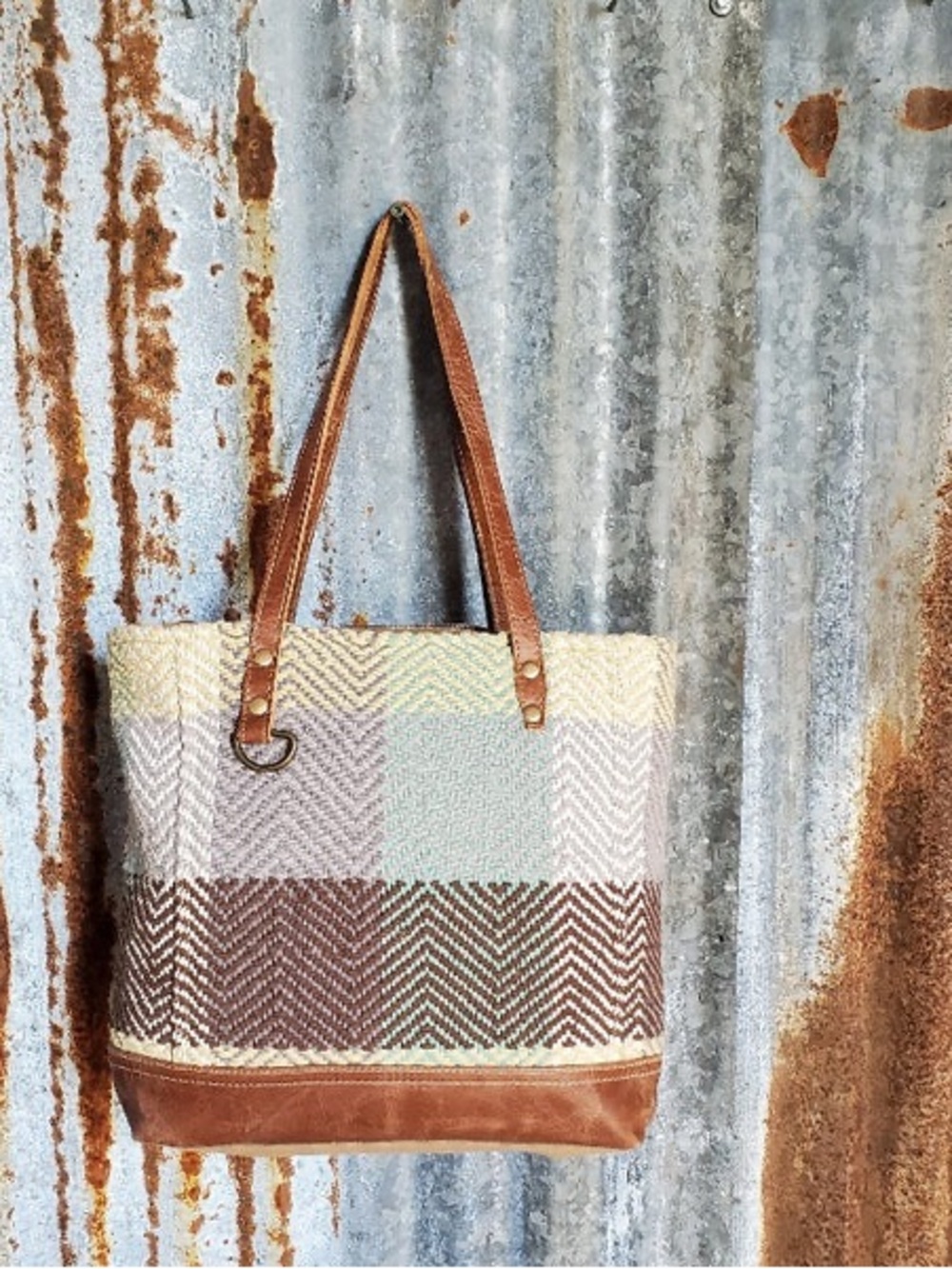 Myra Bag Tapestry Tote Brown Leather Trim Western Neutral Cowgirl Patchwork